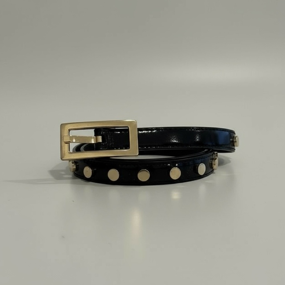 Escada Vintage early 1990's thin black patent belt with gold embellishments